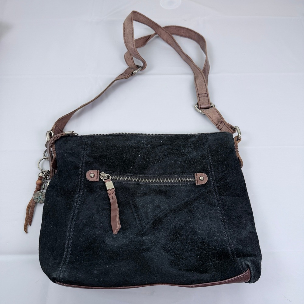 The Sak Black Suede Crossbody Bag Brown Leather Trim Boho Peace Charm Purse